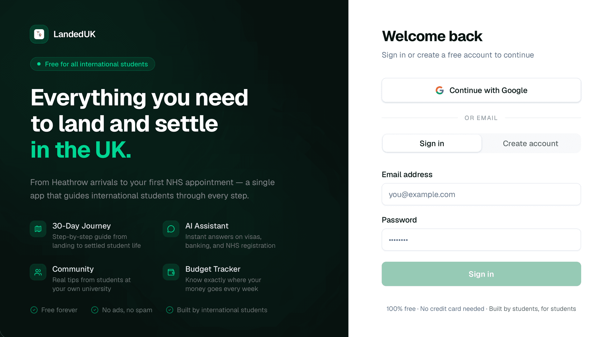 LandedUK — International Student Platform interface preview
