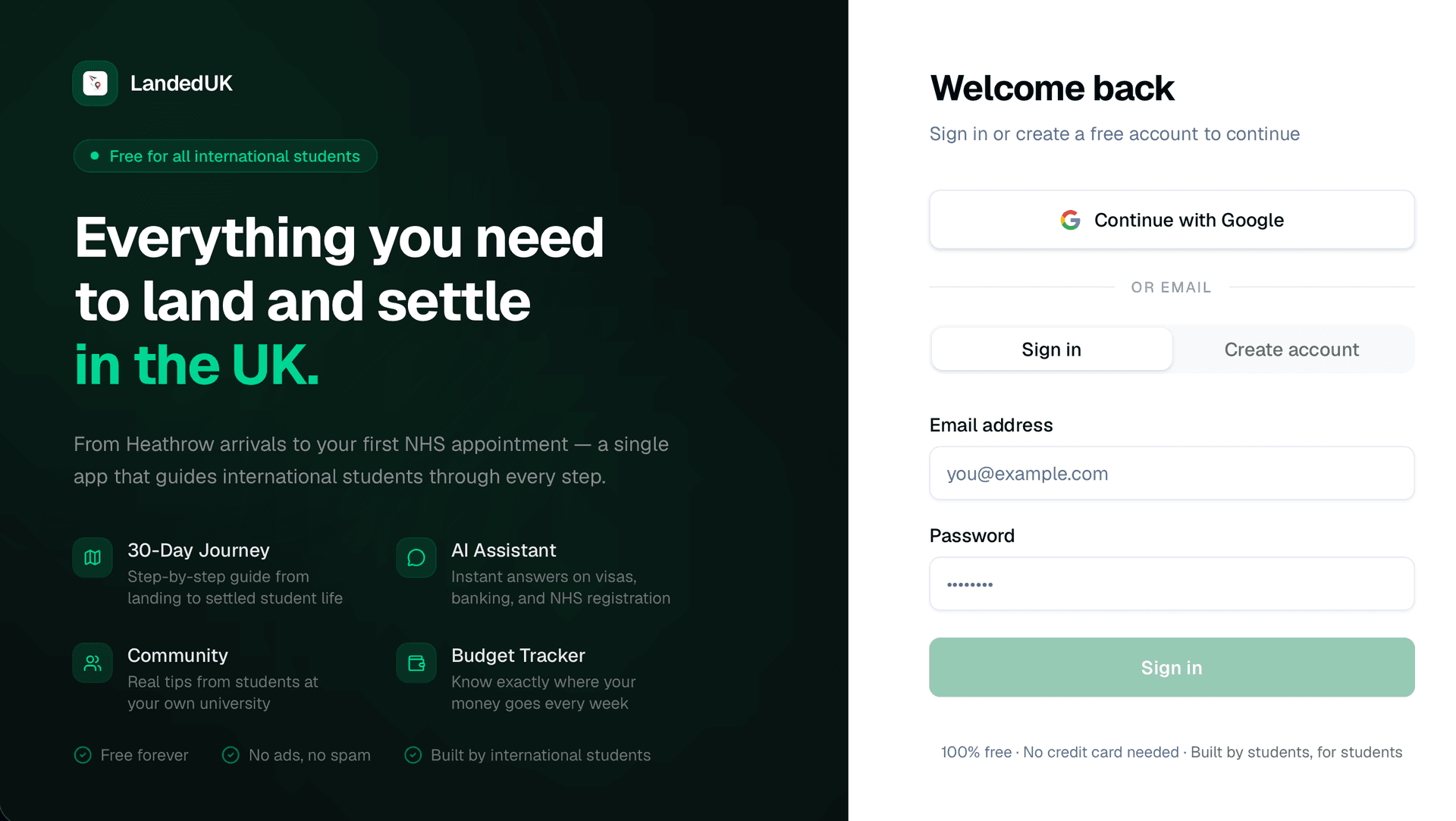 LandedUK — International Student Platform interface preview